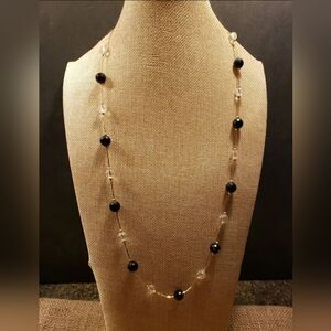 Vintage Trifari Goldtone Necklace With Black & Clear Acrylic Beads 28" Long